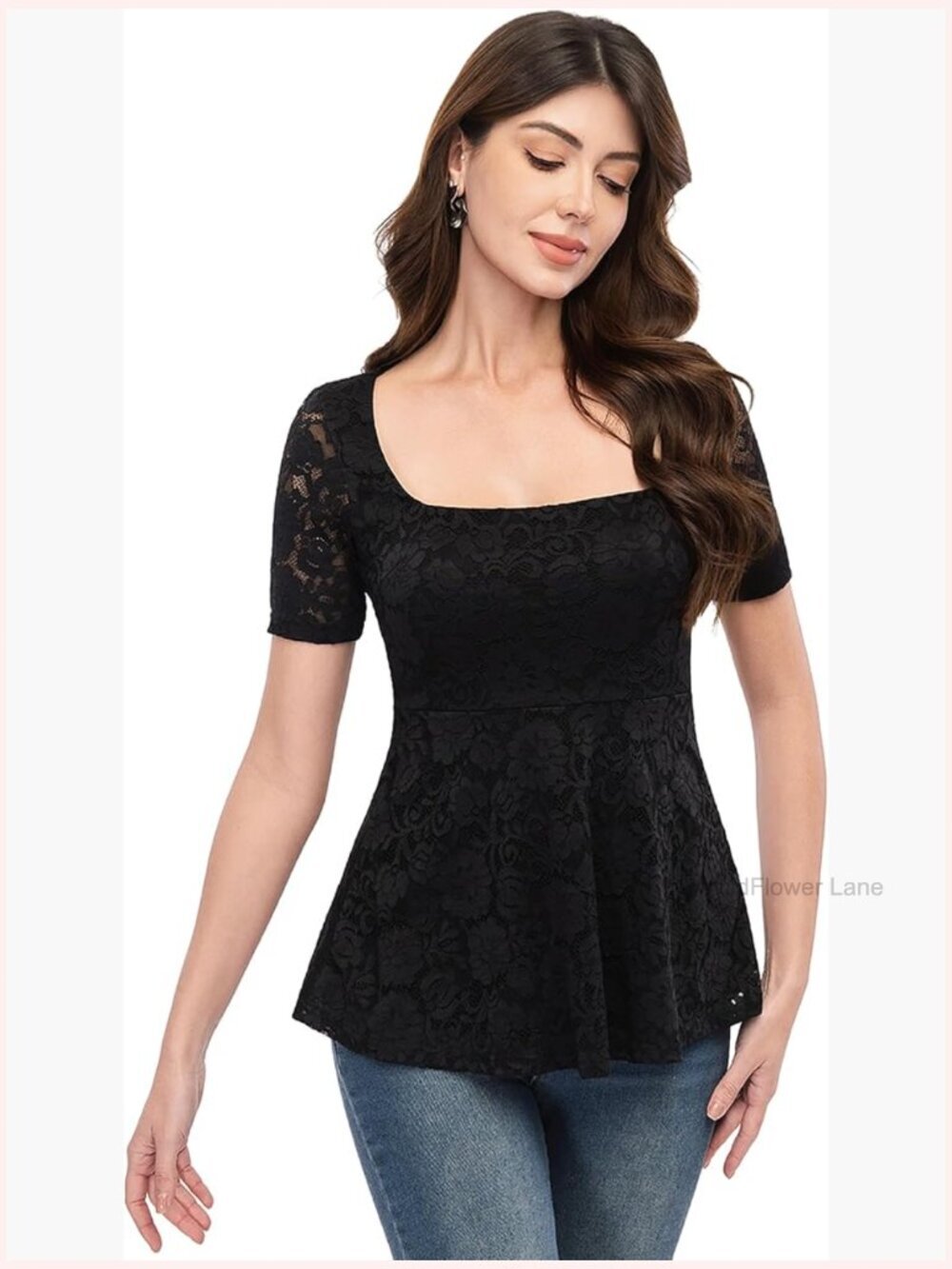 Lace Tunic Top Scoop Neck Short Sleeve Blouse Tie-Waist Casual